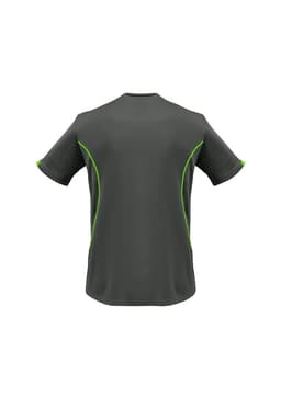 A dark green short sleeve tee with contrasting lime green accents and a branded logo.