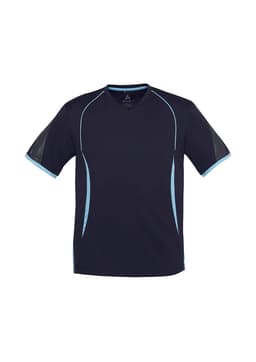 A short sleeve tee in navy blue with light blue accents and a logo. Designed for men, featuring a sporty style.