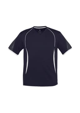 A men's short sleeve tee in navy with white detailing and a logo on the front.