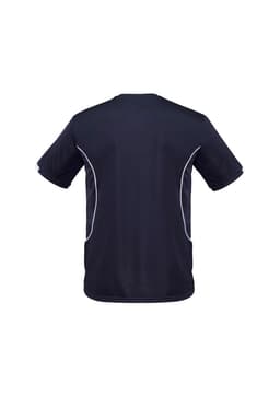 A dark blue short sleeve tee with white trim on the sides and a logo on the back.