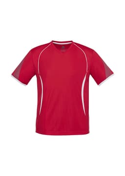 A red short sleeve tee featuring a v-neck and white accents, with a logo on the front.