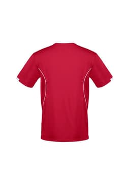 A red men's short sleeve tee with contrasting white detailing and a logo on the back.