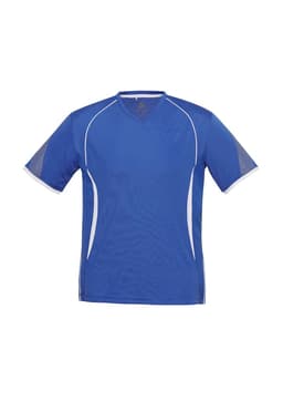A blue short sleeve tee with a v-neck and white detailing, featuring a logo on the front.