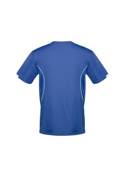 A blue short sleeve tee with contrasting white stitching and a logo on the back.
