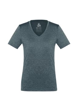Women's short sleeve tee in a dark, heathered blue with a v-neck design and a logo on the inside.