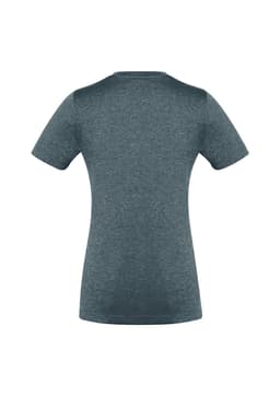 A teal women's short sleeve tee featuring a fitted design and a logo on the back.