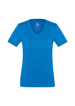 A blue women's short sleeve tee with a V-neck design and a small logo on the inside.