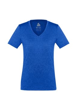 A blue women's short sleeve tee with a V-neck and a logo on the upper centre.