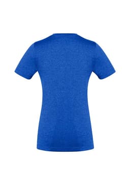 A blue women's short sleeve tee featuring a fitted design and a logo on the back.