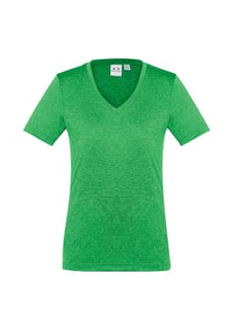 A green women's short sleeve tee featuring a V-neck design and a logo on the label.