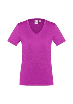 A purple women's short sleeve tee with a V-neck design and a logo on the label.