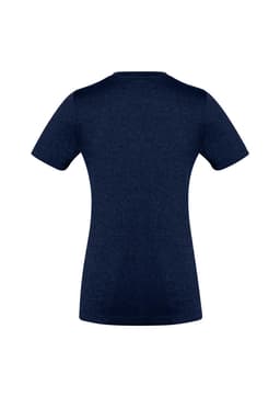 A women's short sleeve tee in navy blue, featuring a fitted design and a branded logo.