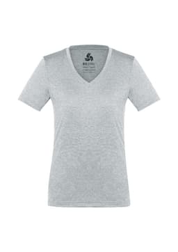 A grey women's short sleeve tee with a V-neck design. It features branding on the inside label.