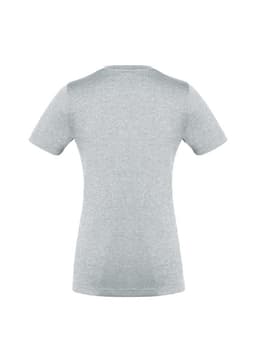 A grey women's short sleeve T-shirt with a fitted design and a logo on the back.