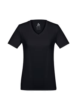 A black women's short sleeve T-shirt with a V-neck design, featuring a logo on the inside.