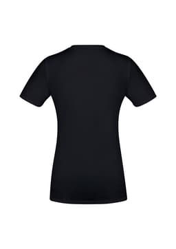 A black women's short sleeve tee featuring a fitted silhouette and a logo on the back.