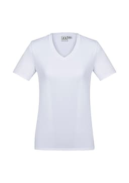 A white short sleeve tee with a V-neck design, featuring a logo on the label.