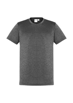 A dark grey short sleeve T-shirt with a subtle design and a logo on the label.