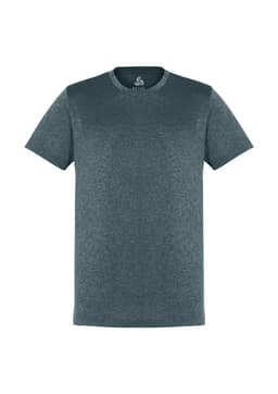 A men's short sleeve tee in a blue-grey colour, featuring a logo on the neckline.