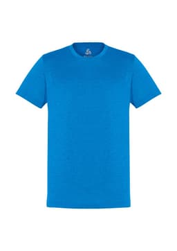 A blue short sleeve tee shirt with a round neckline and a logo on the inside label.