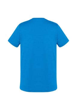 A blue short sleeve t-shirt with a simple design and a logo on the back.