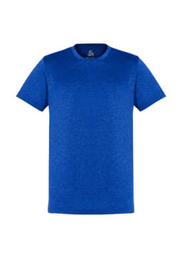 A blue short sleeve tee with a round neckline and a logo on the inside label.