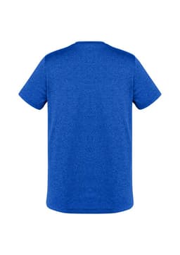 A blue short sleeve T-shirt featuring a simple design with a logo on the back.