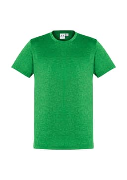 A green short sleeve tee with a round neckline and a logo at the collar.