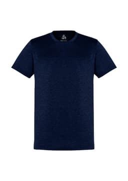 A navy blue men's short sleeve tee featuring a classic style and a branding logo.