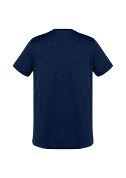 Navy blue men's short sleeve tee featuring a simple design and a logo. Back view shows smooth fabric texture.
