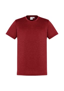 A maroon short sleeve tee shirt with a plain design and a tag inside. The shirt features a logo on the tag.