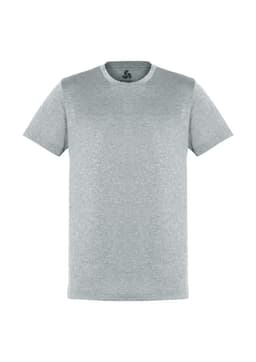 A grey short sleeve tee with a rounded neckline and a logo on the interior neck.