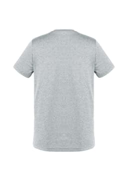Grey short sleeve tee shirt featuring a round neck and a plain back design. It includes a logo.