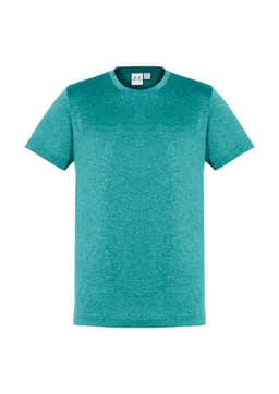 A teal short sleeve tee featuring a crew neckline and a subtle texture. It includes a branding logo.