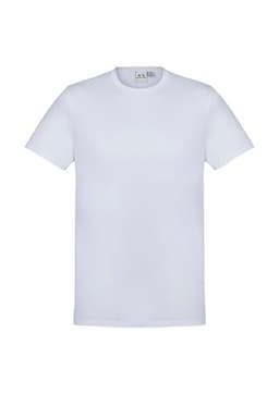 A white short sleeve tee shirt featuring a collar and a brand logo.