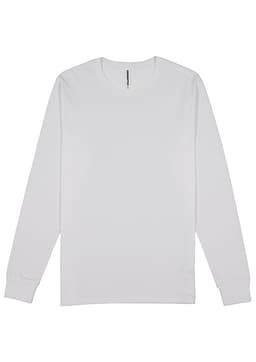 A white long sleeve t-shirt with a simple design and a small logo on the label.