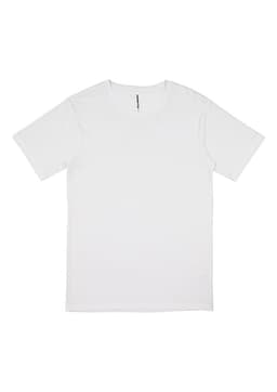 A plain white men's short sleeve tee featuring a simple design and a branding logo.
