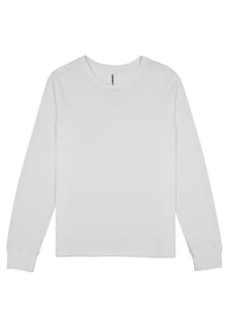 A long sleeve women's tee in white, featuring a simple design and a logo at the neck.