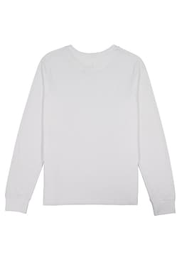 A white long sleeve women's T-shirt with a simple design and cuffs at the wrists, featuring a logo.