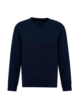 A navy knitted pullover with a V-neck design and long sleeves. It features a logo on the side.