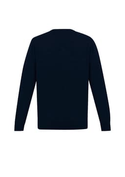 A navy blue mens knit pullover with long sleeves and a crew neck design. Features a logo on the back.