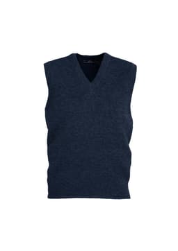 A navy woolmix knit vest with a V-neck design and no sleeves, featuring a textured finish.