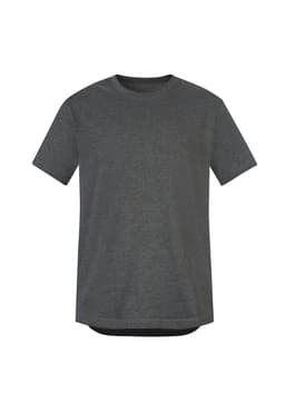 A dark grey men's t-shirt with short sleeves and a round neckline. It features a logo on the front.