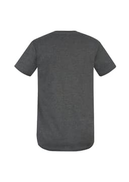 A grey men's T-shirt with short sleeves and a rounded hem, featuring a branding logo.