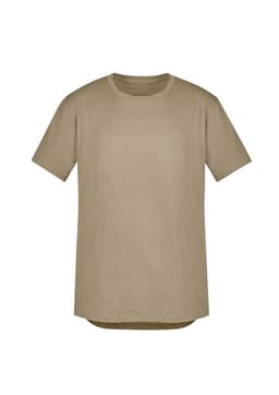 A khaki short-sleeved men's t-shirt with a straight cut and a logo. Designed for casual wear.