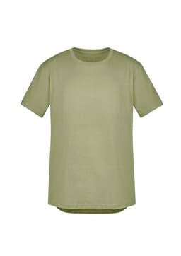 A light olive green men's t-shirt with a relaxed fit and short sleeves. It features a logo on the front.