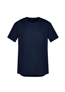 A navy blue men's T-shirt with a crew neck and short sleeves, featuring a logo.