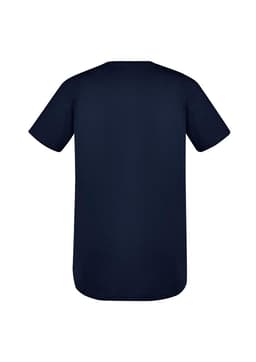 A navy blue men's T-shirt with short sleeves and a rounded hem, featuring a logo.