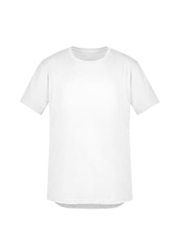 A plain white T-shirt featuring short sleeves and a rounded neckline, with a subtle logo present.