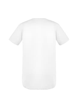 A plain white men's t-shirt featuring short sleeves and a crew neck. It has a branding logo on the back.